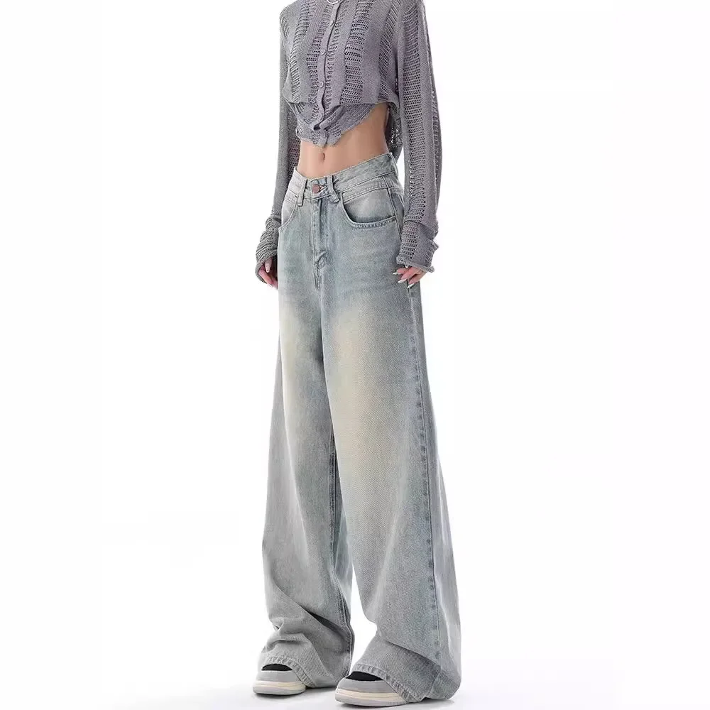 denim pant Women Jeans Vintage Distressed Wide Leg Pants Denim Wash Loose Fit 2025 Summer Pockets Solid Spliced High Waist