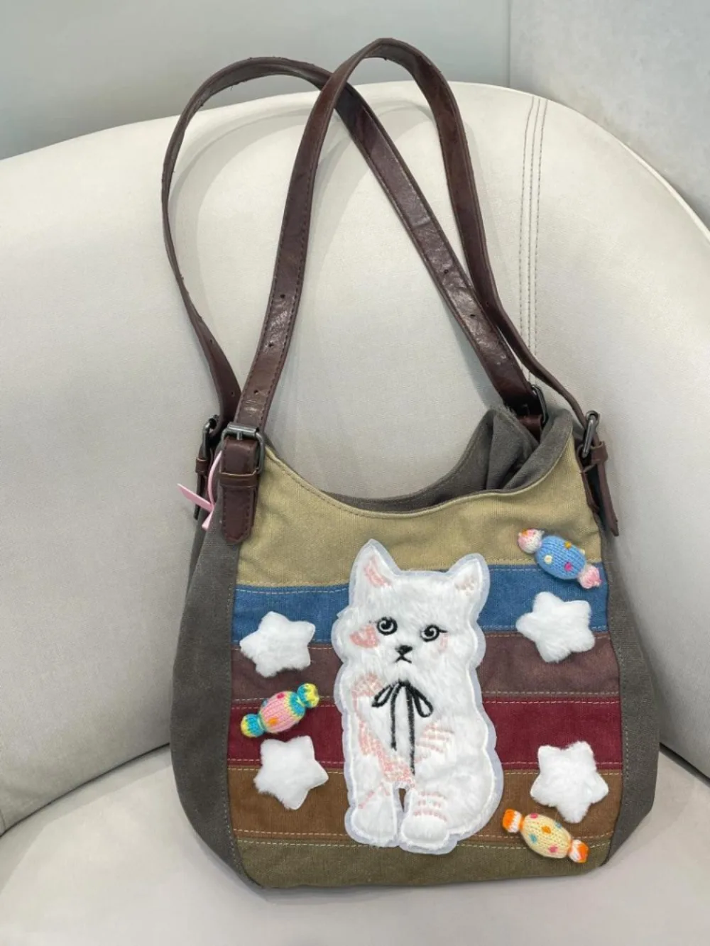 

Korea Minority Large Capacity Panelled Women Totes Patchwork All-match Sweet Cat Commuter Shoulder Bags Personalized Canvas Bag