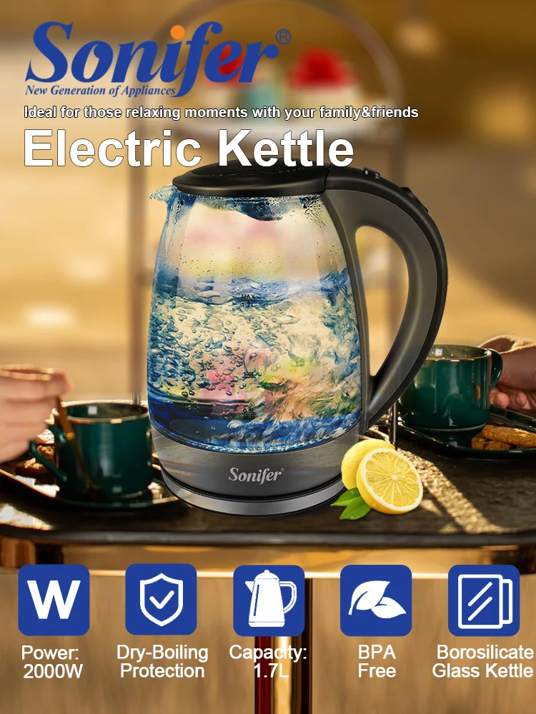 

Sonifer SF-2064 Electric Kettle 1.7L 2000W Borosilicate Glass Leak-Proof Anti-Scald Water Level Indicator