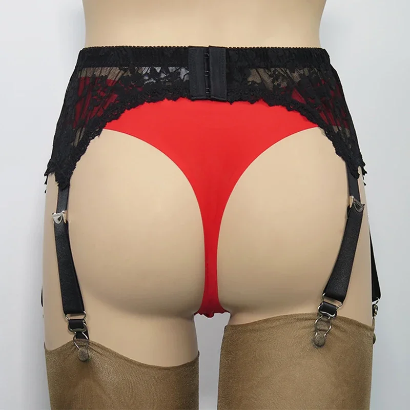 Sexy Black Mesh Garter Belt Lace Embroidery Transparent Suspender with 6 Straps Metal Clip for Women Stockings Leg Harness