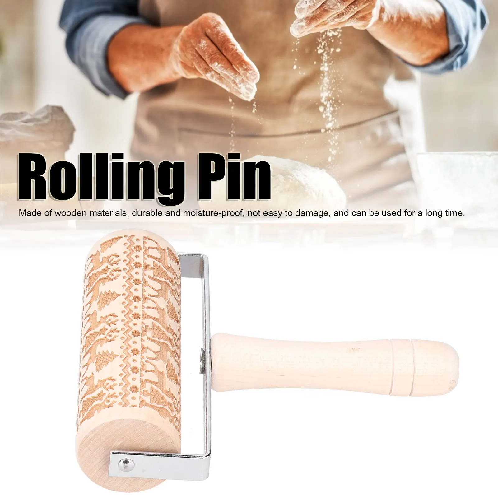 Christmas Rolling Pin Wooden Christmas Engraved Embossing Rolling Pin Dough Stick Baking Tool