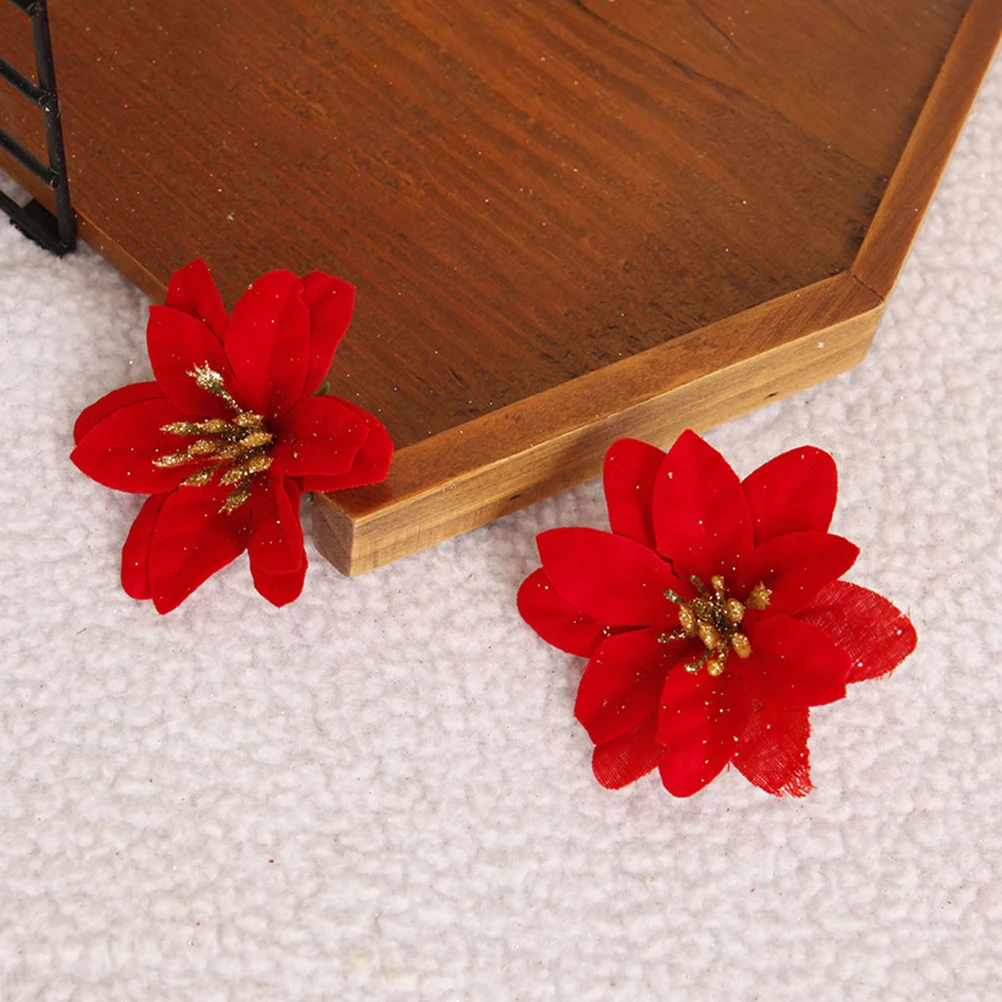 10 قطع عيد الميلاد البونسيتة الزهور الأحمر بريق الاصطناعي ديكور لشجرة عيد الميلاد إكليل عطلة حزب مكتب مول العرض #5