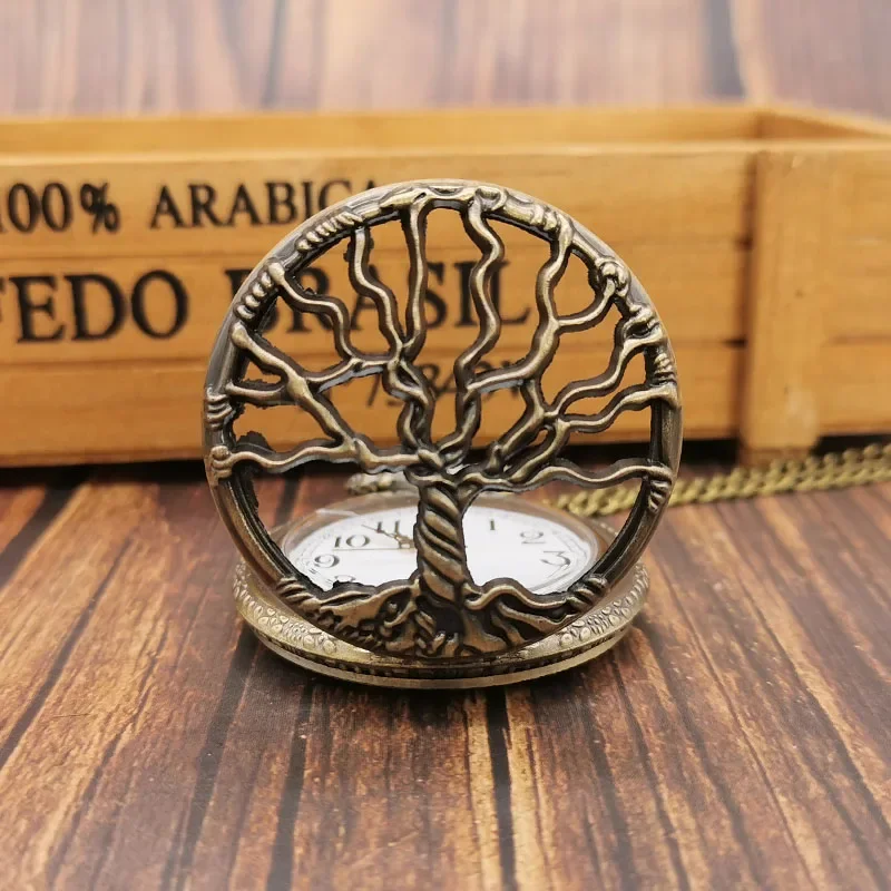 새로운 청동 생명의 나무 석영 주머니 시계 레트로 포켓 Fob 시계 펜던트 목걸이 주머니 시계 남성 여성 선물