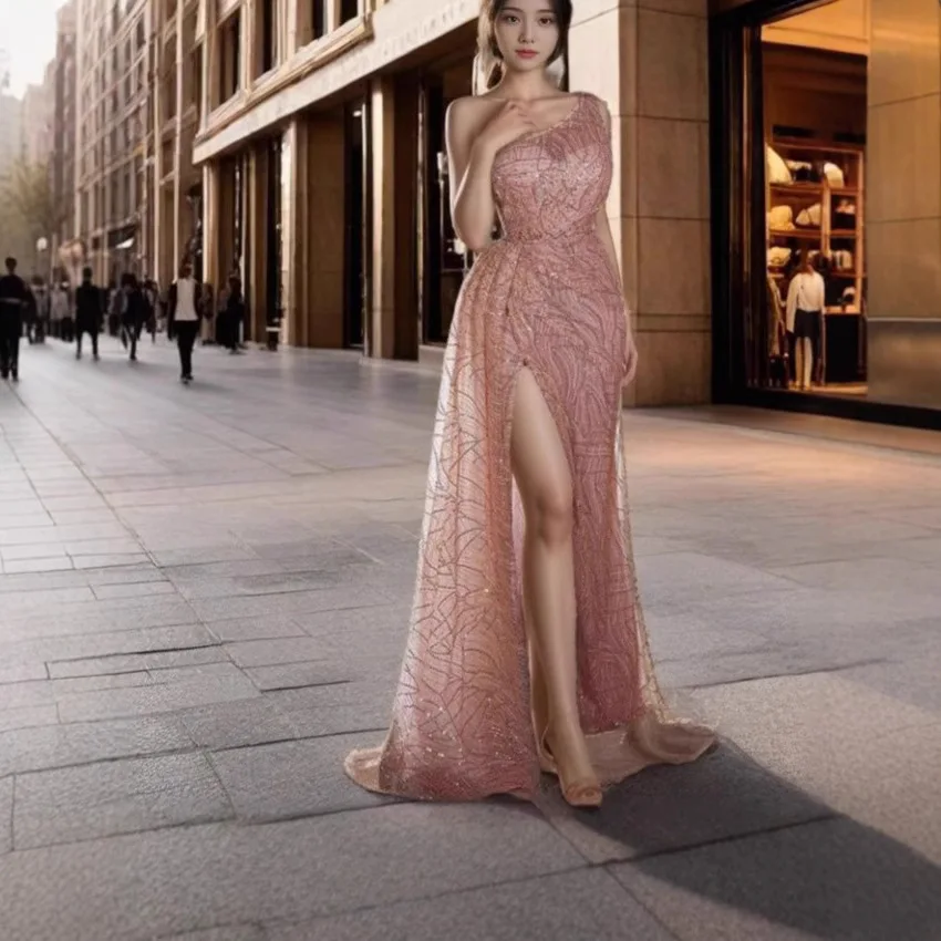 Robe fendue à une épaule à paillettes sexy pour femmes, jupe de hanche, robe de soirée à la mode, printemps et automne, nouveau, 2025