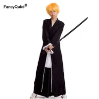 Japanese Anime Bleach Kurosaki Ichigo Samurai Costume Cloak Men Assassin Warrior Black Coat Kimono Cosplay Gown Robe Outfit