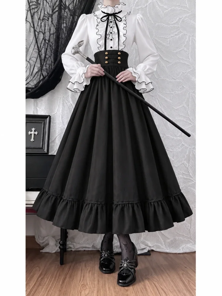 Harajuku Gothic Vintage 2 Piece Outfit Women Elegant Lapel Shirt Retro A-line Skirt Cosplay Streetwear Matching Skirt Suit