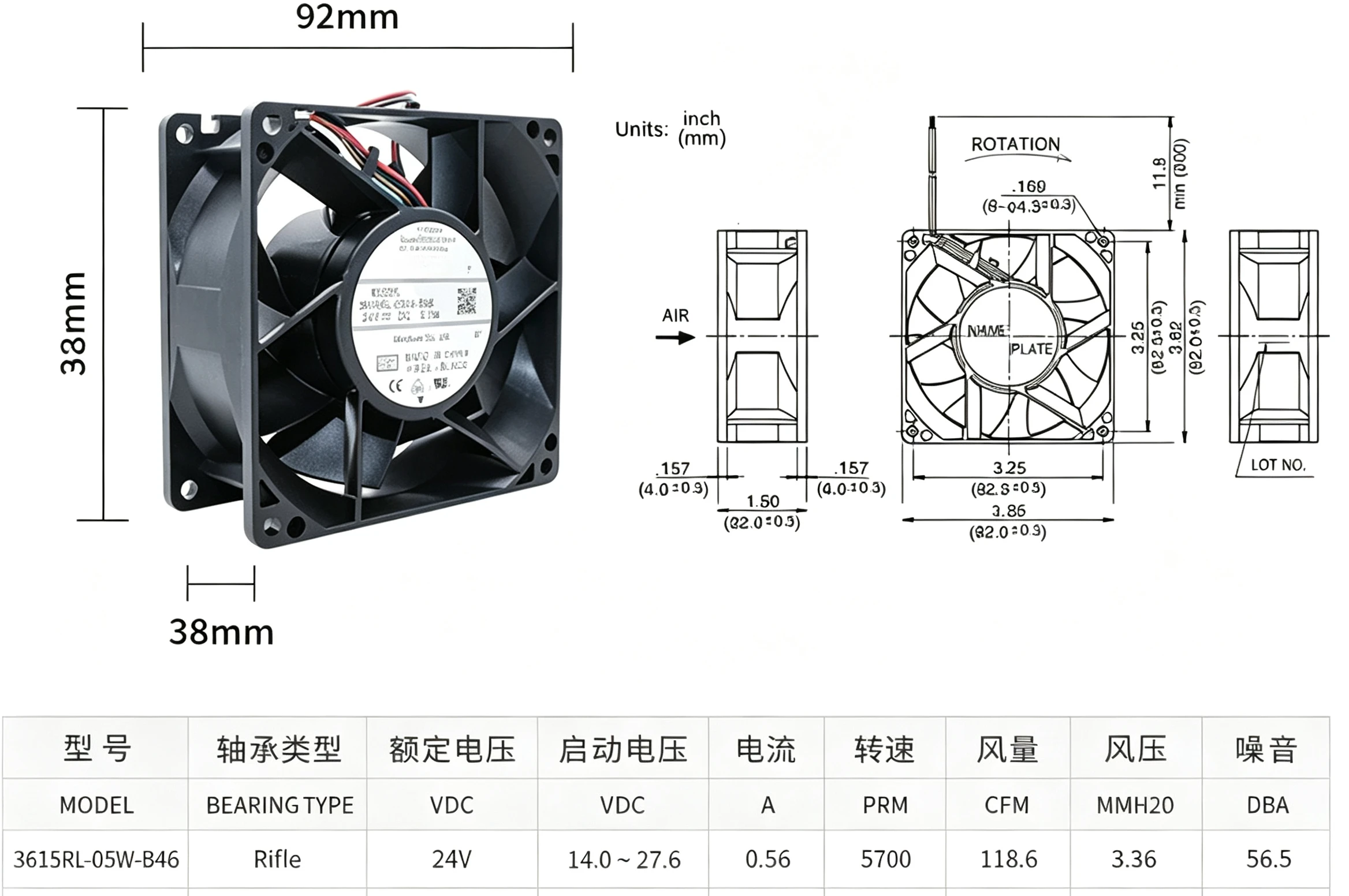 Inverter Cooling Fan 3615RL‑05W‑B46,24V 0.73A 9038 For NMB ABB ACS880