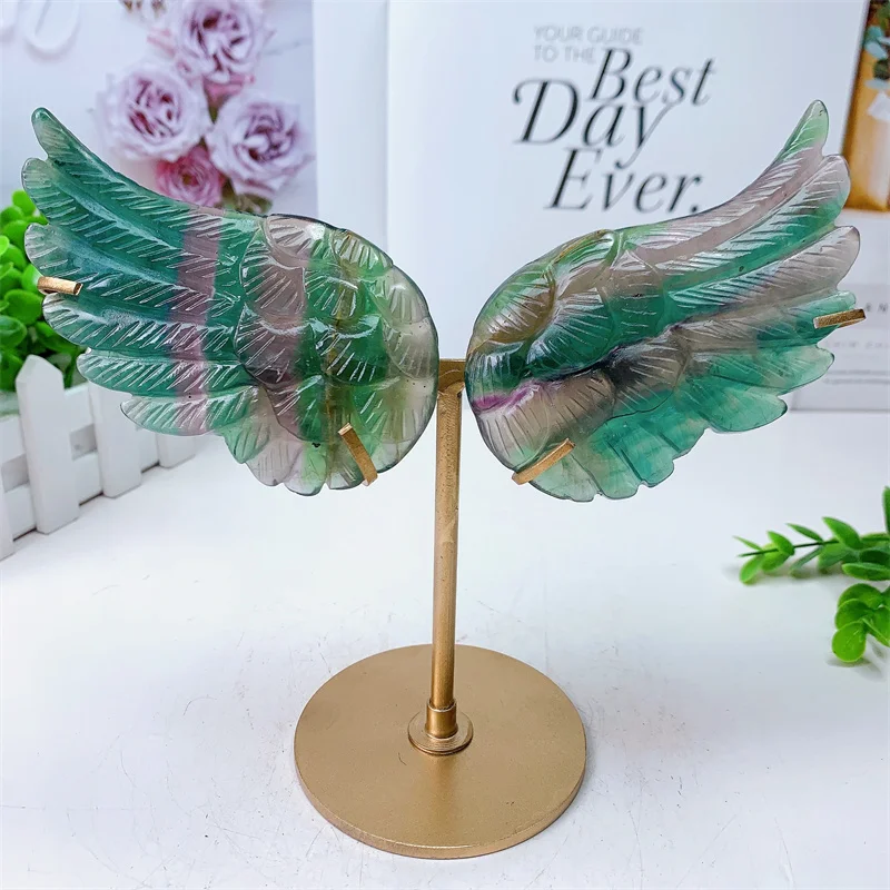 

Natural Green Fluorite Angel Wings Crystal, Hand Carved Polished Statue, Healing Energy Gemstone Crafts with Stand