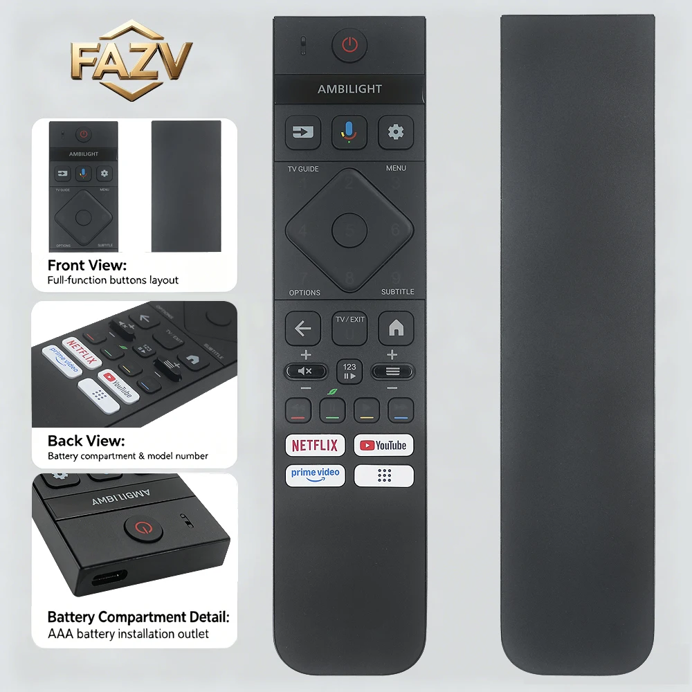 Control Remoto por Voz FAZV para Philips 398GM10BEPHYE002CR 55OLED789/98 32PHS6009/12 OLED 4K Google TV, Carcasa Metálica, Recargable Tipo-C