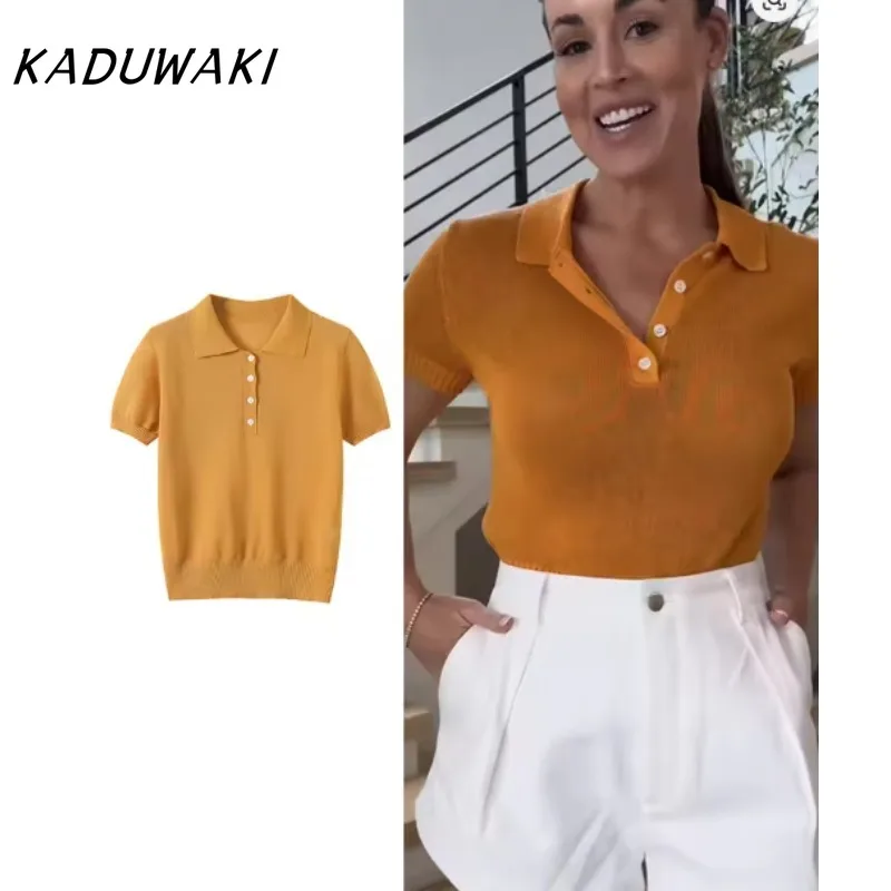 

KADUWAKI летние/осенние вязаные пуловеры, летние повседневные однотонные пуговицы с отложным воротником, женские простые топы с короткими рукавами для поездок на работу
