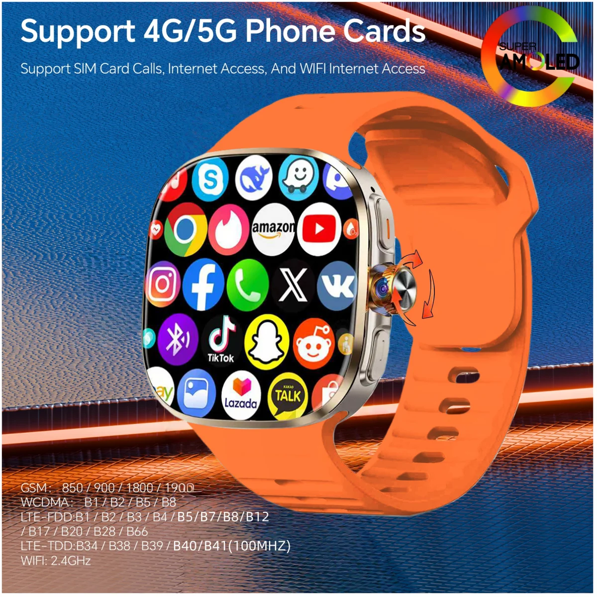 32GB+1024GB 5G/4G Android 10.0 Smart Watch 2.4 inch AMOLED 2100mah Battery 900W Camera GPS WIFI Google APPS Download Smartwatch