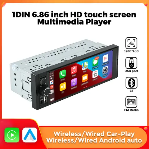 1Din inalámbrico CarPlay Android AUTO HD pantalla táctil Universal 6,86 ''Radio de coche FM estéreo MP5 reproductor multimedia BT TF puerto cámara radio de coche con bluetooth inalambrico sistemas inteligentes de coche