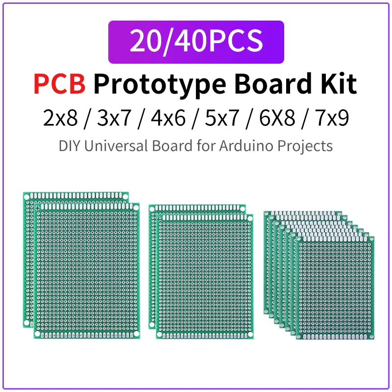 

20/40 шт. комплект печатных плат 2×8 3×7 4×6 5×7 6×8 7×9 мм 2,54 мм двухсторонние прототипические платы в ассортименте
