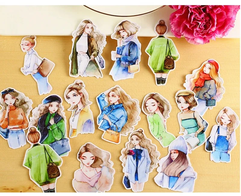 창의적인 귀여운 카와이 자체 제작 패션 소녀 데일리 스크랩북 스티커, 장식 DIY 공예 사진 앨범 용지, 15 개