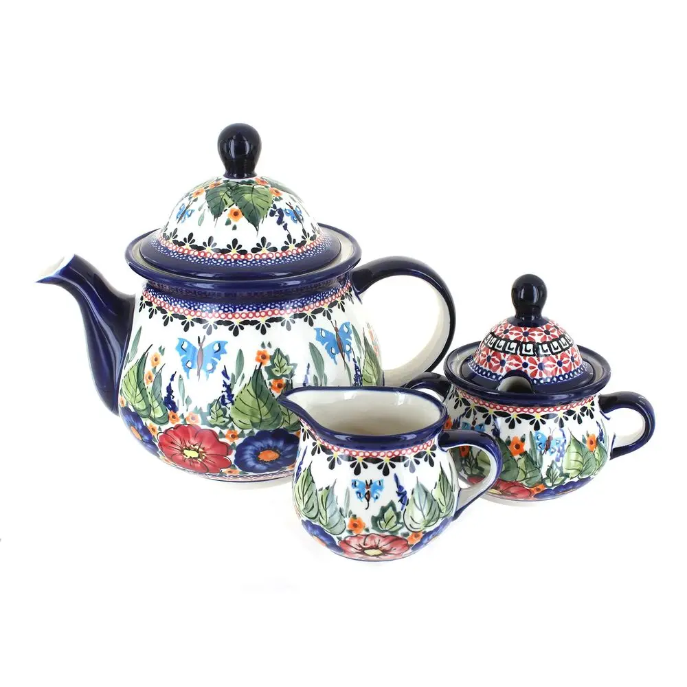 

Rose Polish Pottery Red Floral Butterfly Three Piece Tea Set 7 Cup Teapot HandPainted Polish Pottery Coffee amp Tea Service