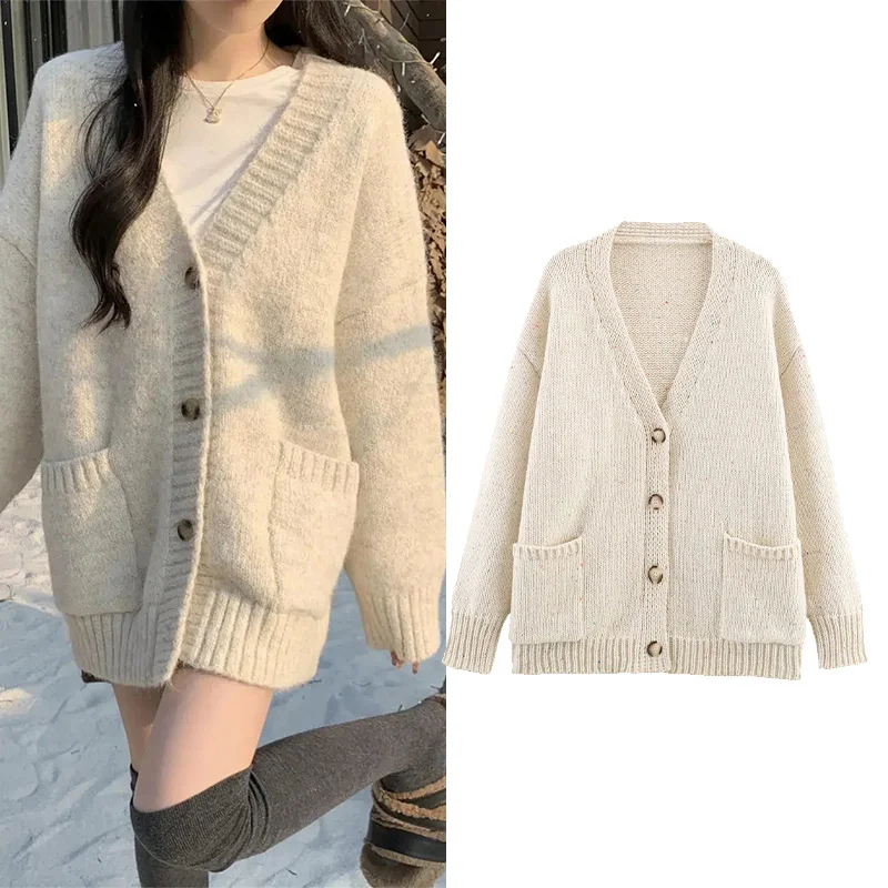 

NERHEFZ Women Fashion Knitted Cardigans Long Sleeve Button V-Neck Sweater Cardigan Autumn Winter New Style Outerwear