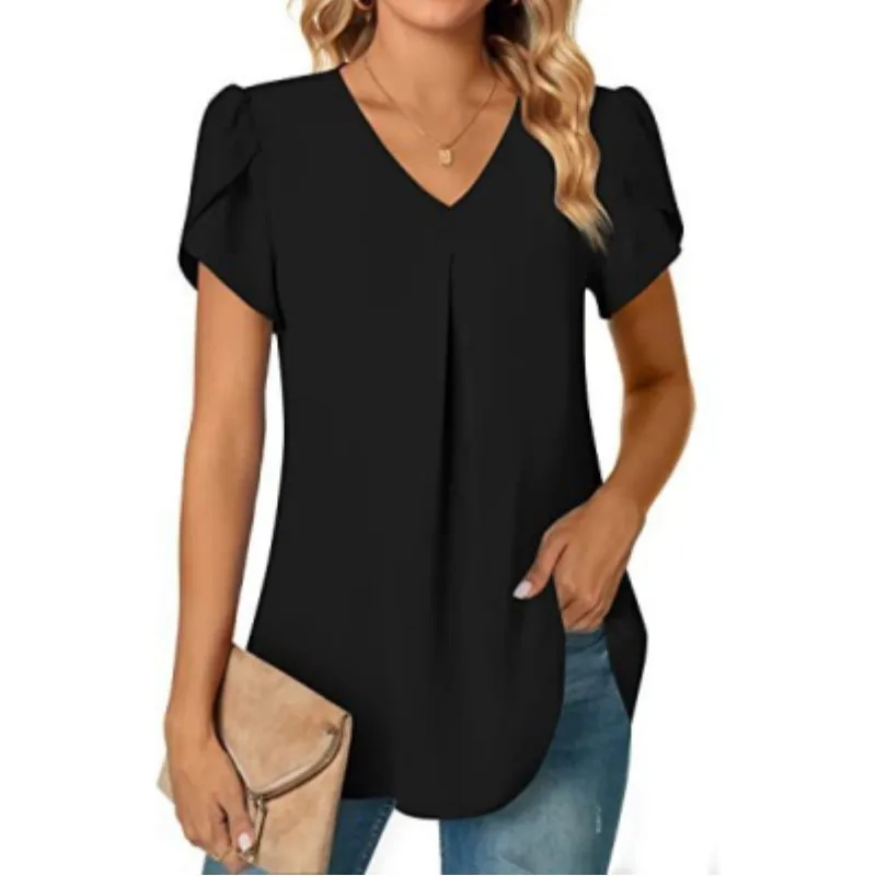 Elegant Women\'s Top Blouse Flower 2023 Summer Fashion Simplicity Short Sleeve Solid V-Neck Commuter Office Female Shirt S-XXL