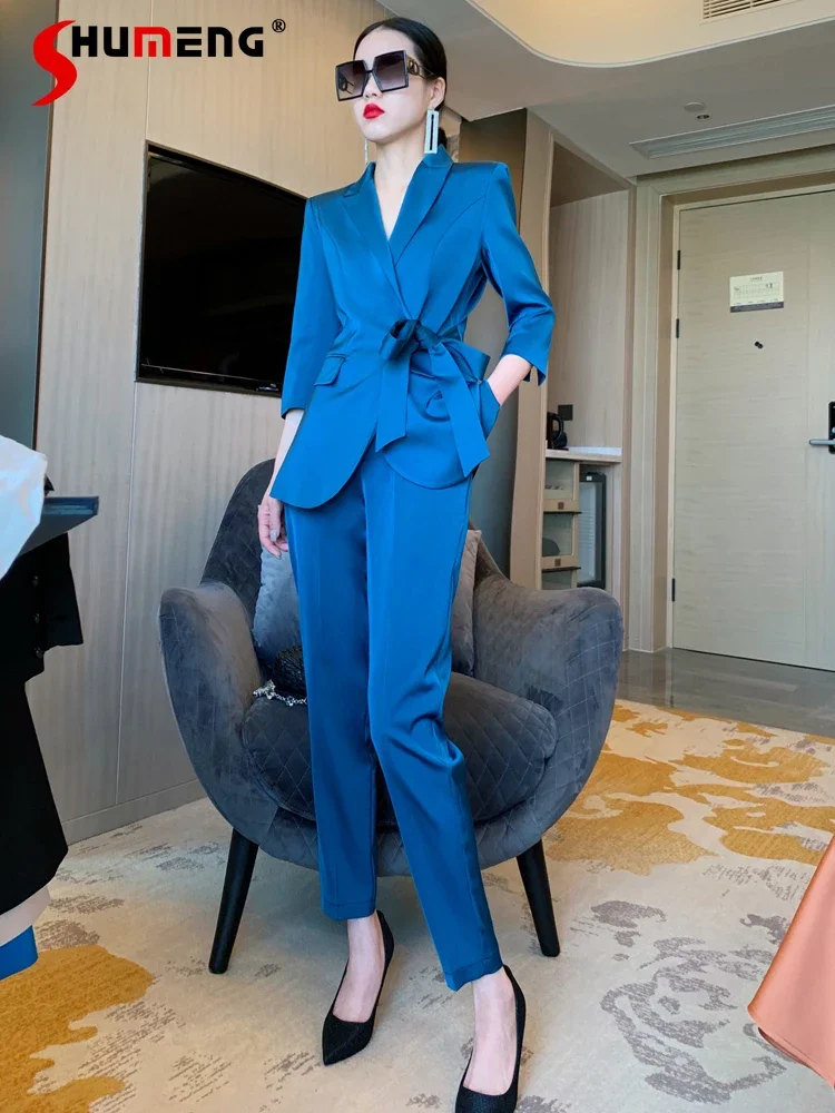 

Fashion Blazer Suit Women's 2024 Autumn New High-end Seven-quarter Sleeve Suit Pants Solid Color Professional Two-piece Sets