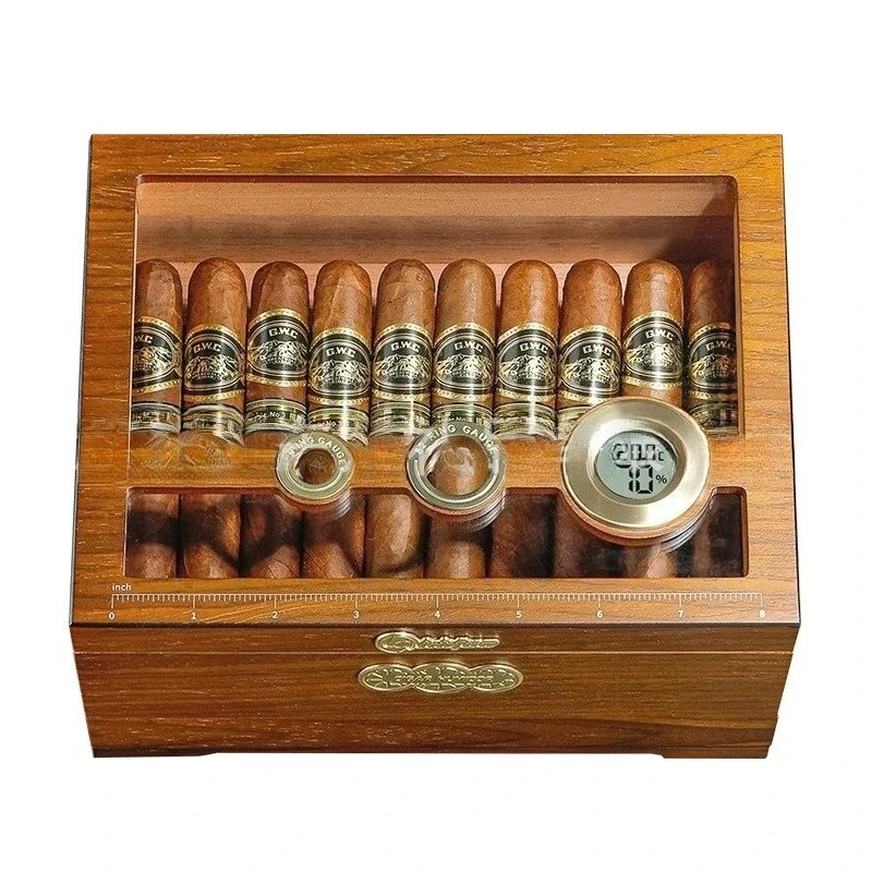 Large-capacity Cedar Wooden Cigar Boxes with Measuring Scale and Drawer Convenient Portable Sealing Cigar Storage Gift Boxes
