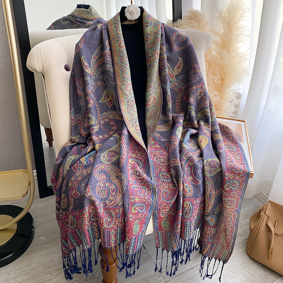 

Роскошный женский зимний кашемировый шарф - вышитая шаль с кисточками и принтом, теплое пончо и мусульманский модальный хиджаб, платок