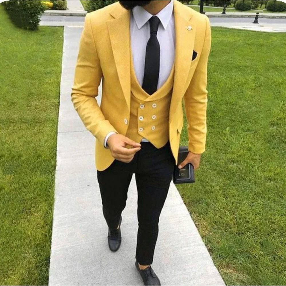 

Custom Made Yellow Men Suits for Wedding Notched Lapel Slim Fit Groom Tuxedo Groomsmen Suit Bridegroom Blazer Costume Homme