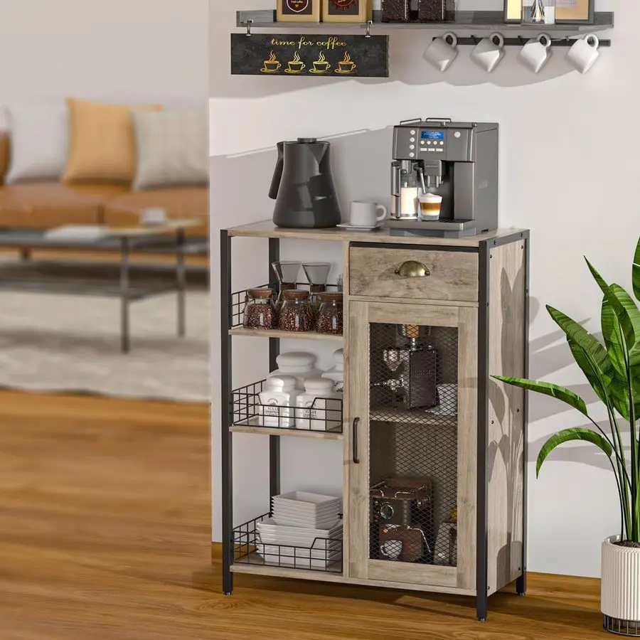 

3 Tier Coffee Bar Table with Storage Drawer, 35.8 H Adjustable Shelf Farmhouse Coffee Stand Station Table for Corner, Kitchen,