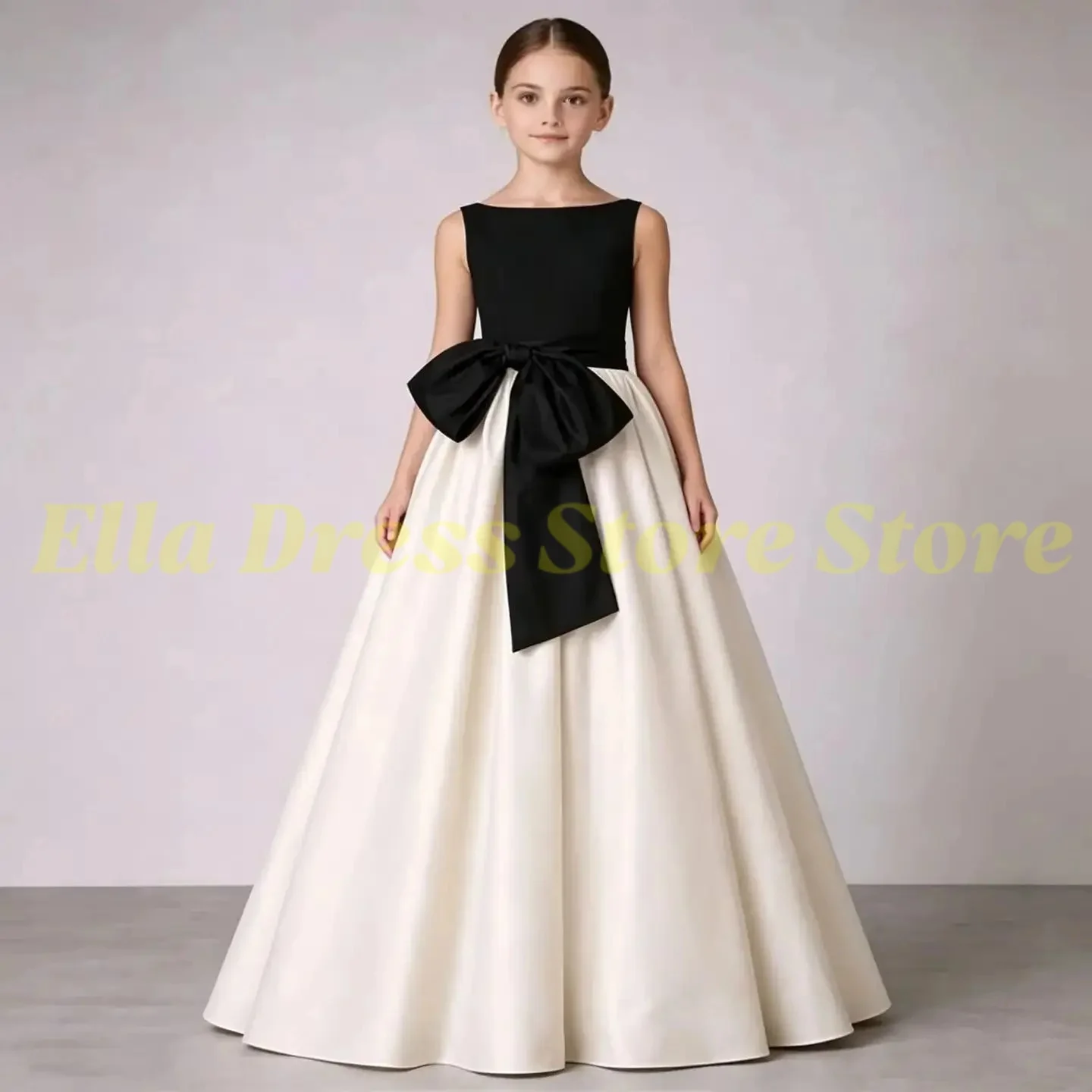 Maßgeschneidertes Schwarz-Weißes Blumenmädchenkleid für Hochzeiten, Schleife, Ärmellos, Bodenlang, Elegant, Kinder Geburtstag Erstkommunion Großhandel – Detail 2