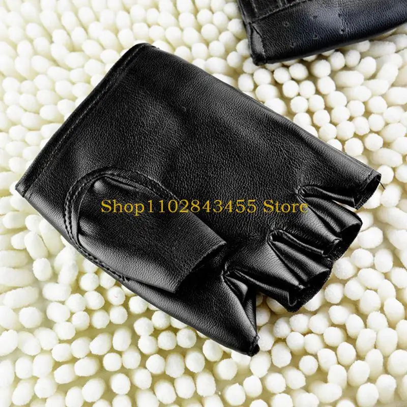 49MC Fashion Motor Punk Gloves Unisex Black Faux Leather Fingerless Driving Mittens