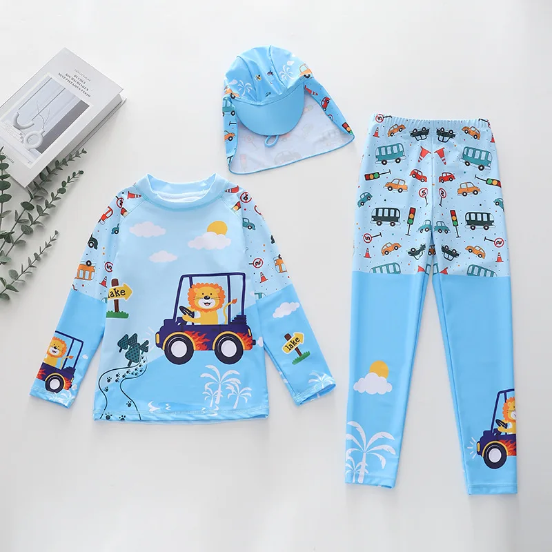 

HappyFlute New Fashion Cartoon Print 3PCS Boy Medium And Large Children Long Sleeve Sun Protection &Quick Drying Swimsuit