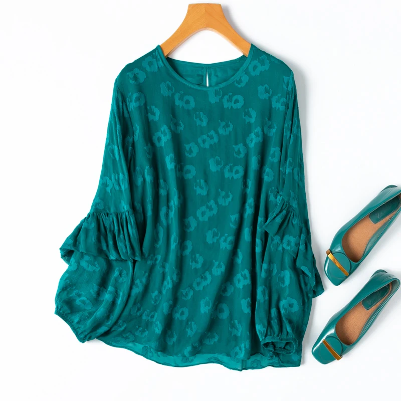 

100% Mulberry Silk Women Silk Blouse with Lining Turquoise Floral O Neck Lantern Sleeve 2024 Shirt Top Pullover L XL M1144