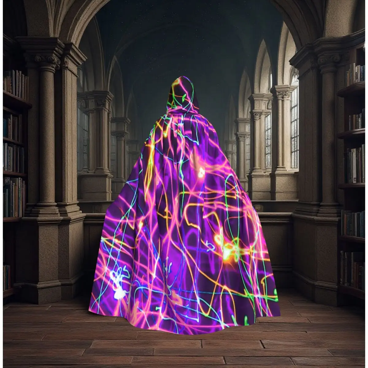 

Trendy Geometric Pattern With Colorful Neon Lights Lines Long Hooded Cloak Witch Medieval Costume Cosplay Cape HalloweenParty