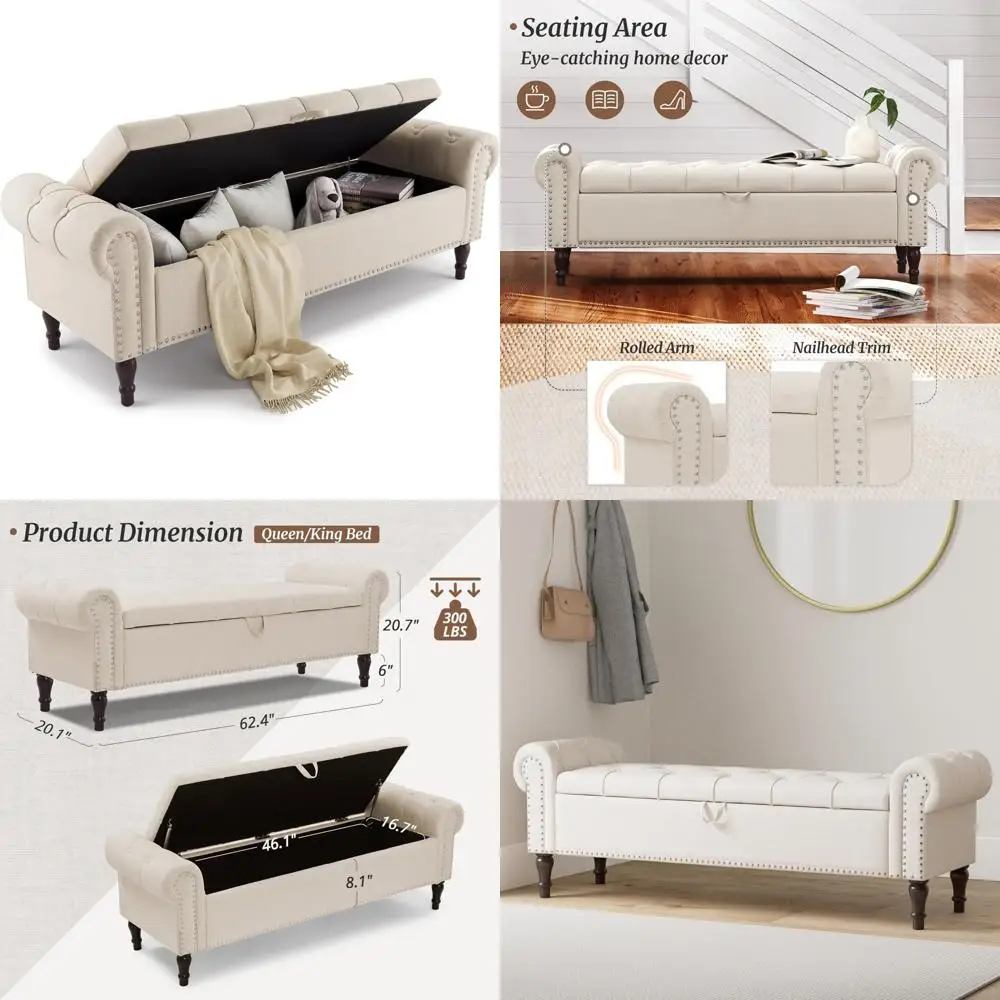 

Оттоманская скамья для хранения вещей с льняной обивкой, 22, скамейка для хранения в конце кровати королевского размера с тафтингом на пуговицах и отделкой гвоздями, идентификатор