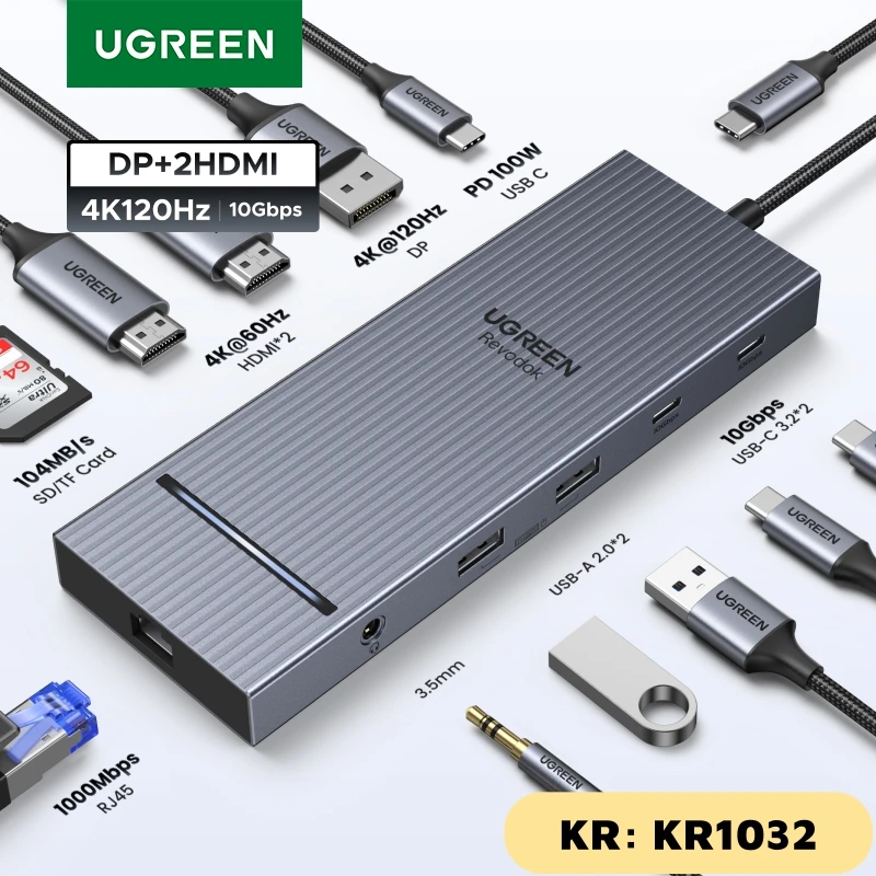 UGREEN 12-in-1 USB 허브 타입-C to 2HDMI 4K120Hz DP USB3.2 10Gbps SD/TF RJ4...