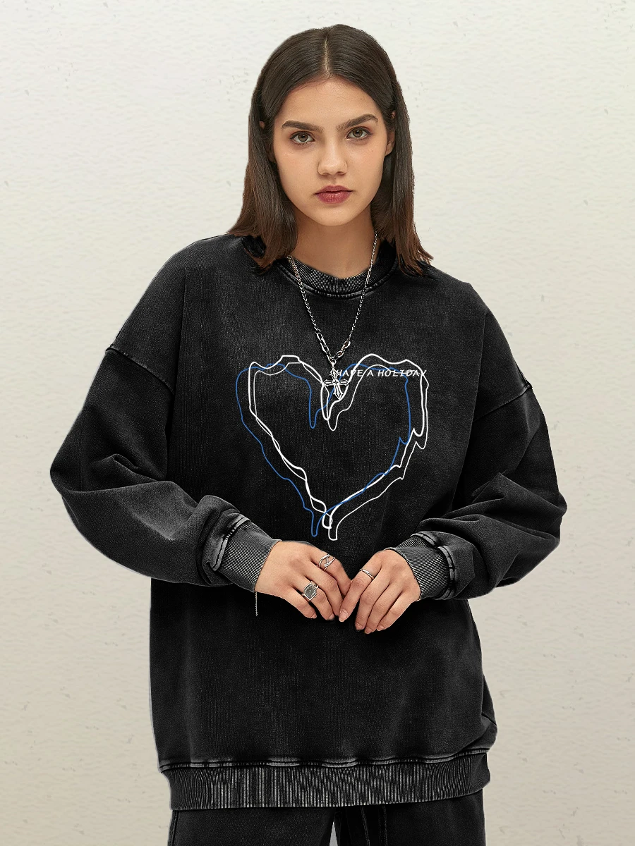 Have A Holiday Love Lines Pattern Women Washed Sweatshirt Street Casual Hoody Loose Y2K Clothing Hip Hop Cotton Streetwear