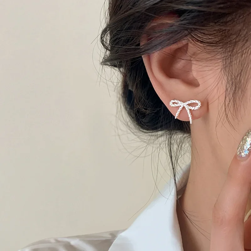 

Real 925 Sterling Silver Mini Shining Hollow Bowknot Stud Earrings for Women Minimalist Fine Jewelry Cute Accessories