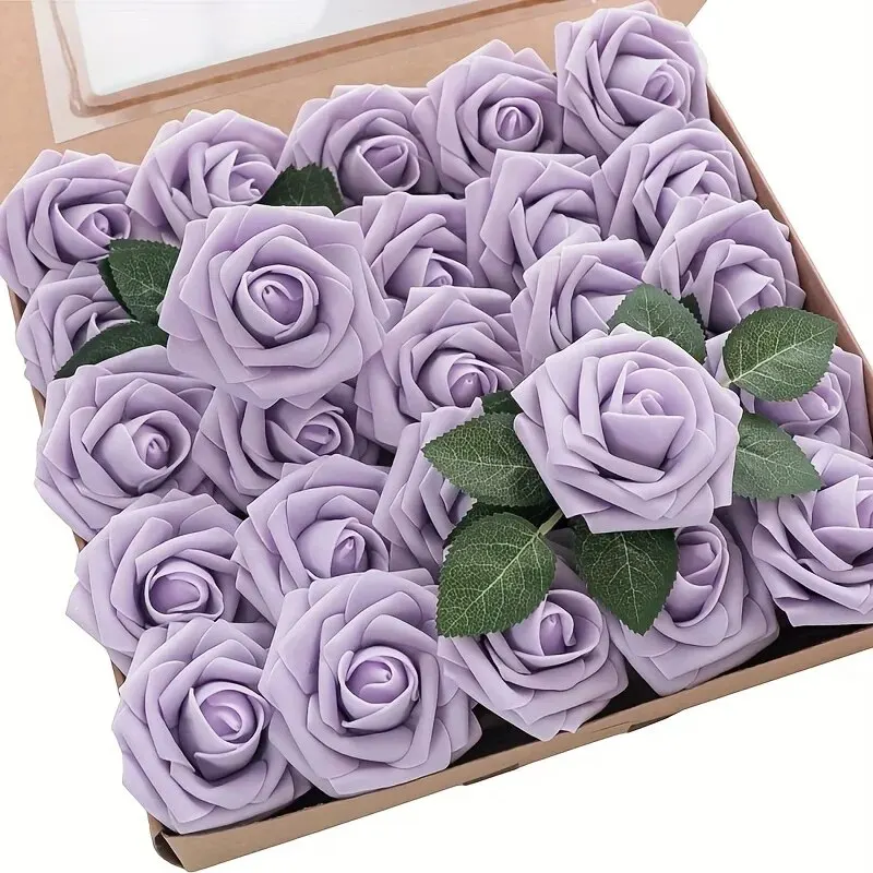 Artificial Flowers 25pcs Real Looking Lilac Foam Fake Roses with Stems for DIY Wedding Bouquets Bridal Shower Centerpieces Flora