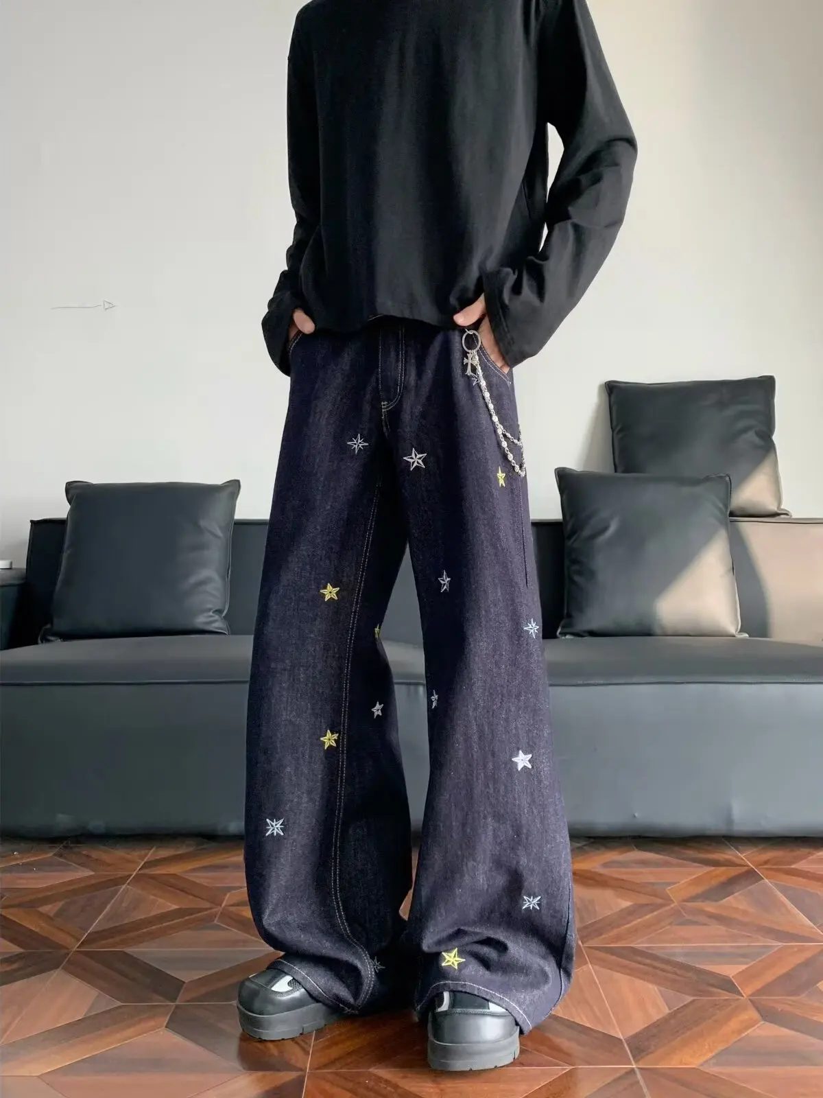 

American High Street Embroidered Star Knife Jeans Men's Spring Autumn New Loose Design Versatile Wide Leg Long Pants
