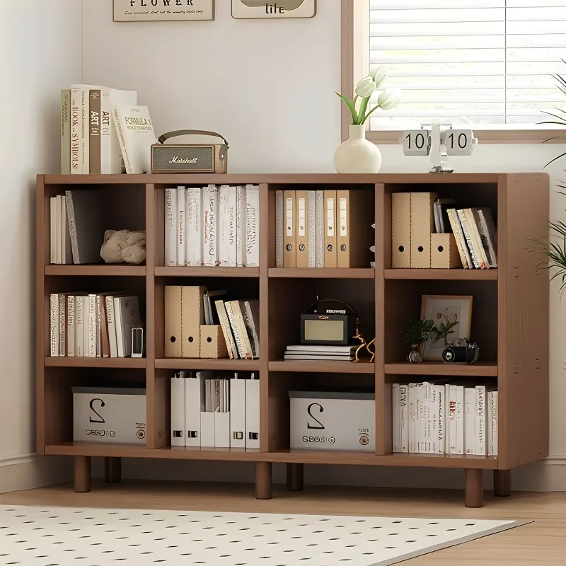 

bookshelf floor-to-ceiling storage bay window cabinet integrated against the wall living room grid sorting and storage