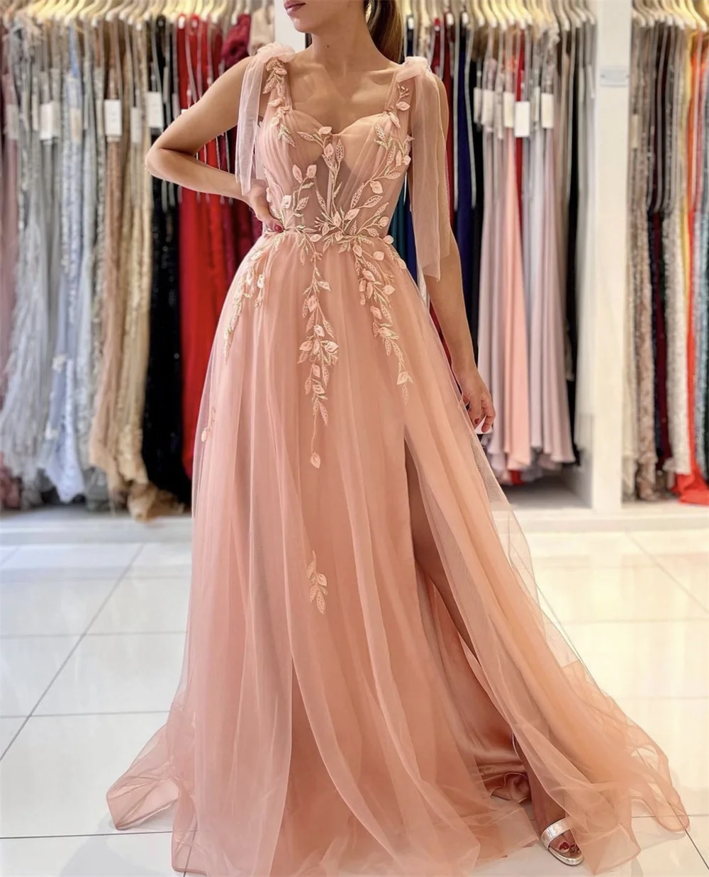 Handmade 3D Decals Prom Dresses Pink Tulle Evening Dress Vestidos De Noche A-shaped Side Slit Formal Occasions Party Dresses