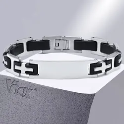 Vnox Free Custom Engraving ID Bracelets for Men, 12MM Stainless Steel Bar Tag with Black Silicone Wristband Jewelry