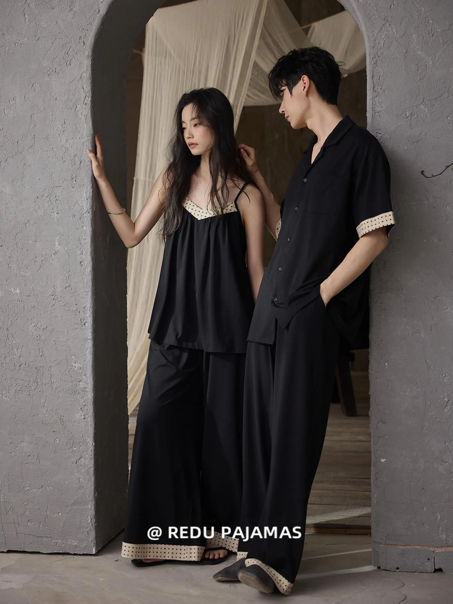 heat-jealous-black-couple-sleepwear-women's-strap-modal-cool-feeling-set-with-chest-pad-men's-long-pants-short-sleeve-outfit