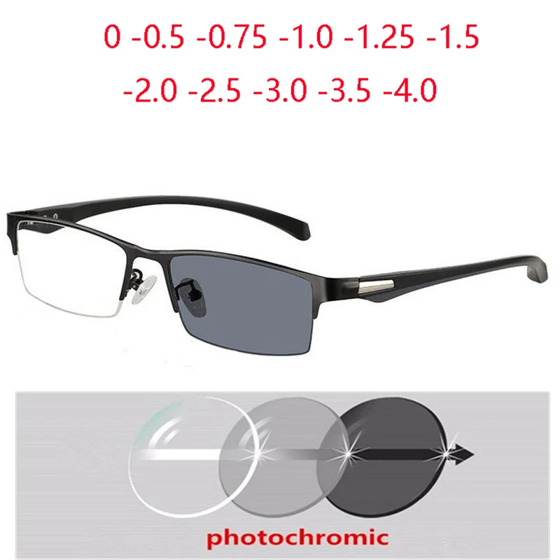 

Half Rim Chameleon Myopia Glasses Men Vintage Semi-Rimless Square Photochromic Prescription Spectacle Male -0.5 -0.75 To -6.0