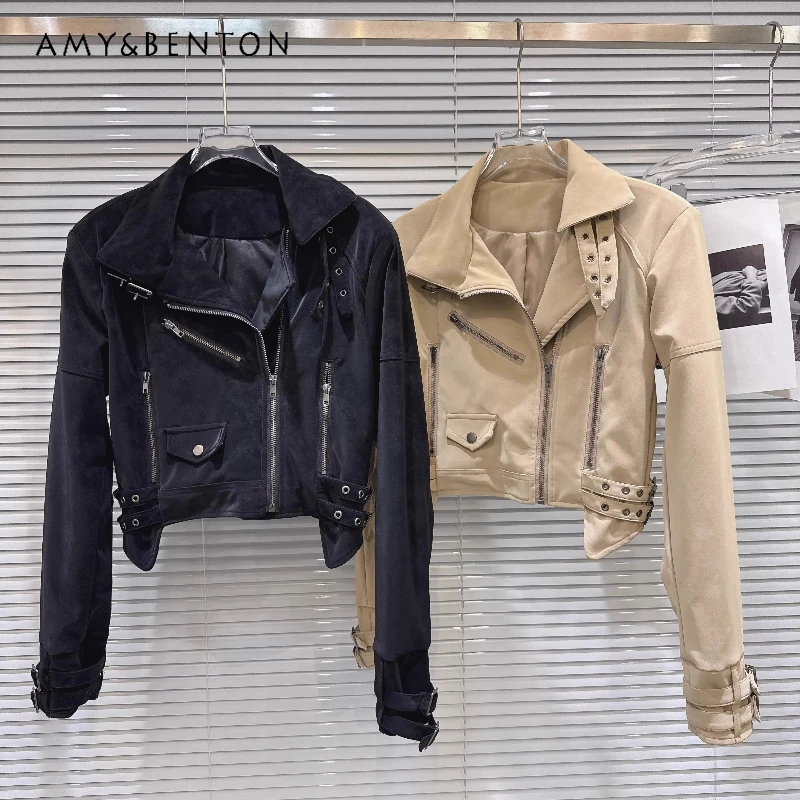

2026 Spring New Women's Clothing Punk Design Street Sweet Cool Hot Girl Metal Zipper Pocket Matte PU Leather Short Jacket Ladies