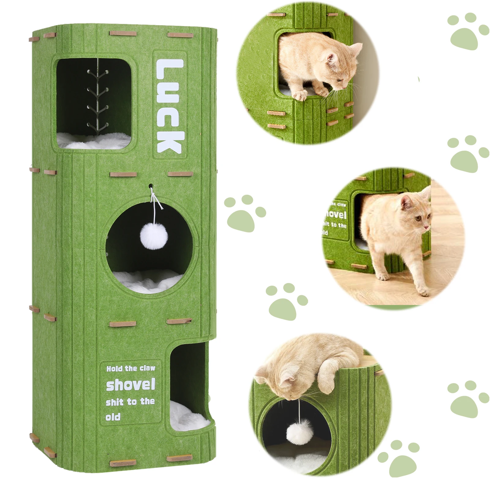 

3-Tier Green Felt Cat Bed Scratch Resistant Integrated Felt Cat Cave Multifunction Creative Cat Bucket for Pet Play Sleeping