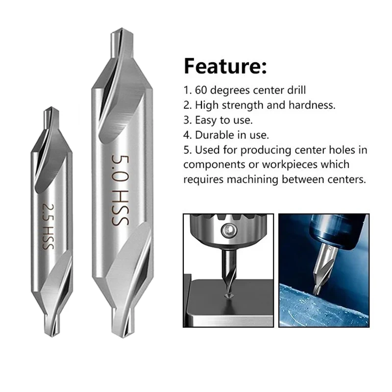 HSS Combined Center Drills Countersinks 60 Degree Angle Bit Tool 1.0,1.5,2.0,2.5,3,5mm A Type Without Protective Cone Tools Set