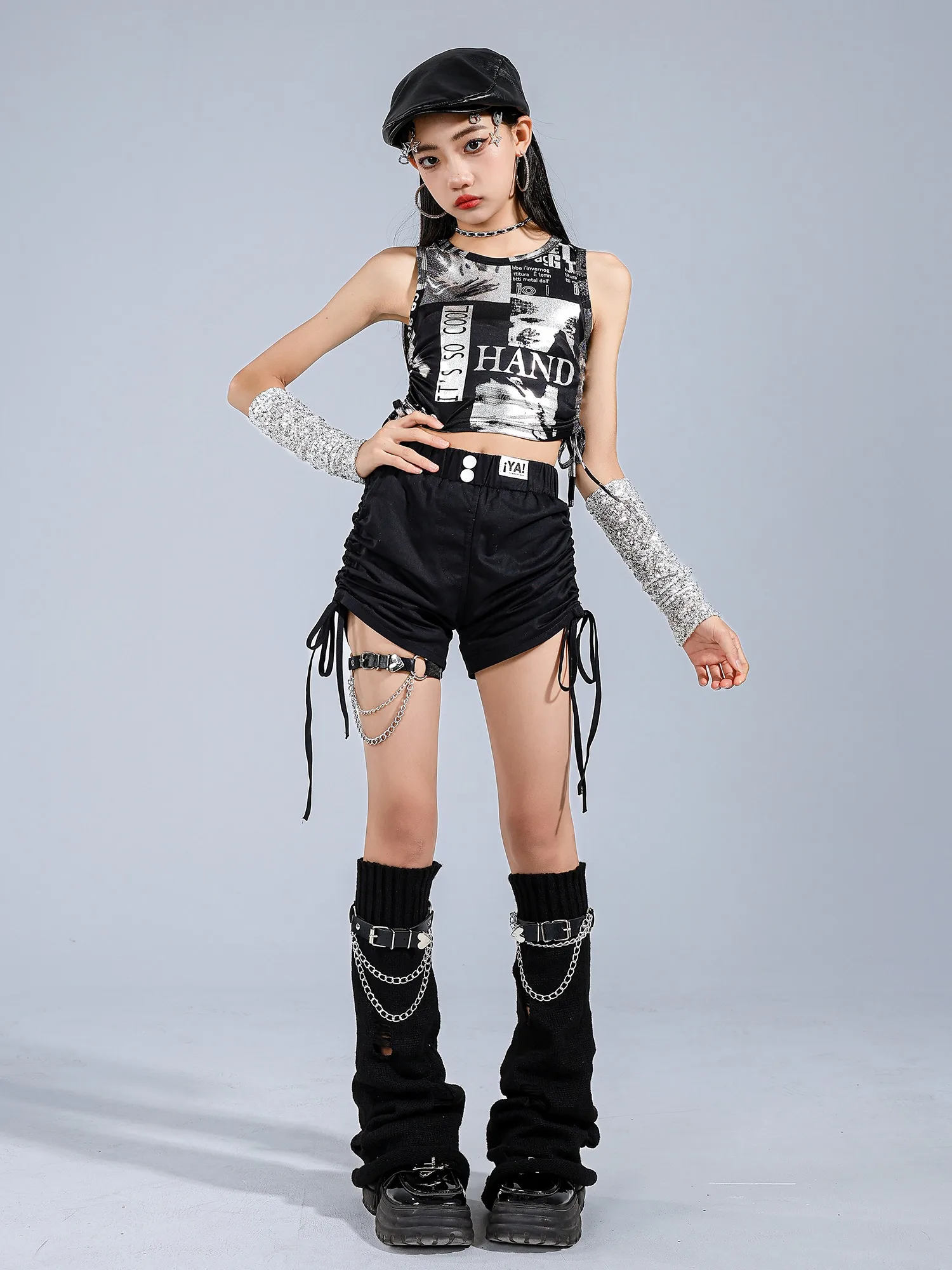 Kpop Girls Jazz Dance Clothes Sleeveless Navel Tops Cheerleading Dance Performance Suit Kids Fashion Street Dancewear BL16660