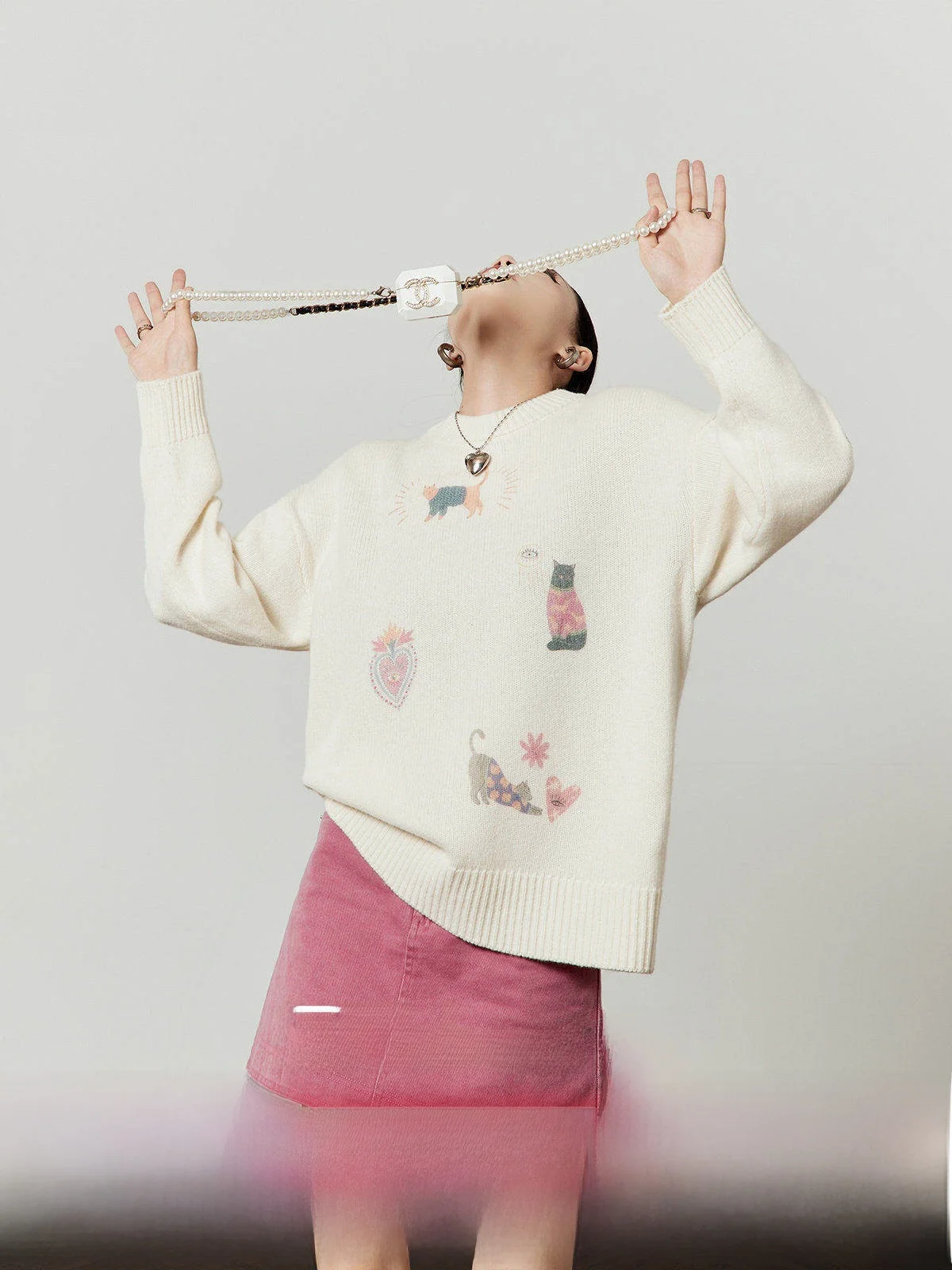 

White Knitted Wool Sweater Women's Print Faion Autumn New Arrival Cozy Warm Long Sve round Ne Top by Zhou Li Wu