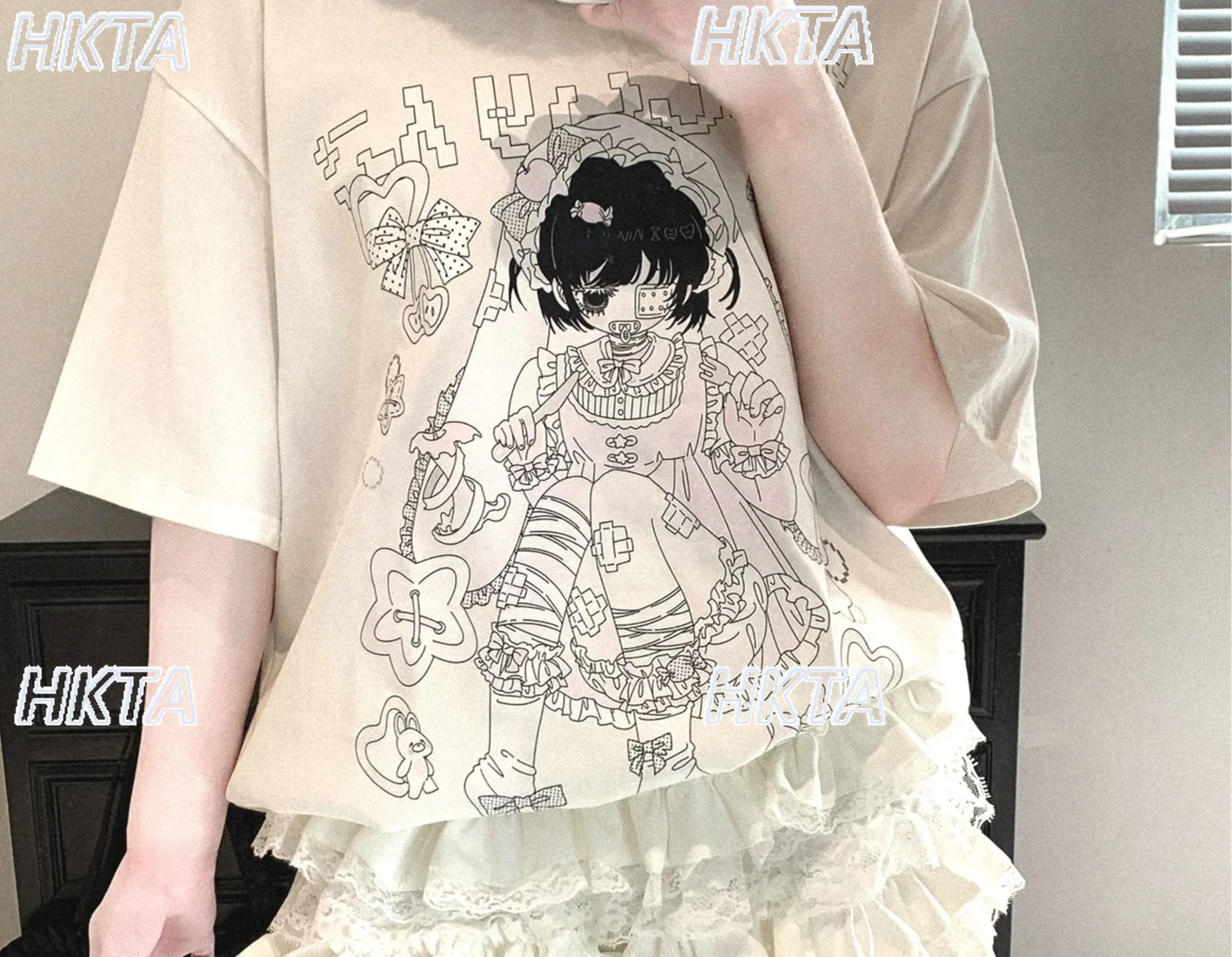 Subculture Y2k Two Dimensional Print T Shirts Summer New Gothic Punk Crew Neck Short Sleeved Top Loose Casual White Tshirt Women