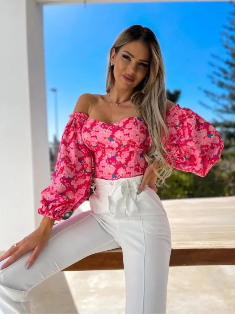 Spring Summer Sexy Off Shoulder Women Blouse Fashion Puff Sleeve Bodycon Short Top Casul Holiday Beach Floral Blouses Tops