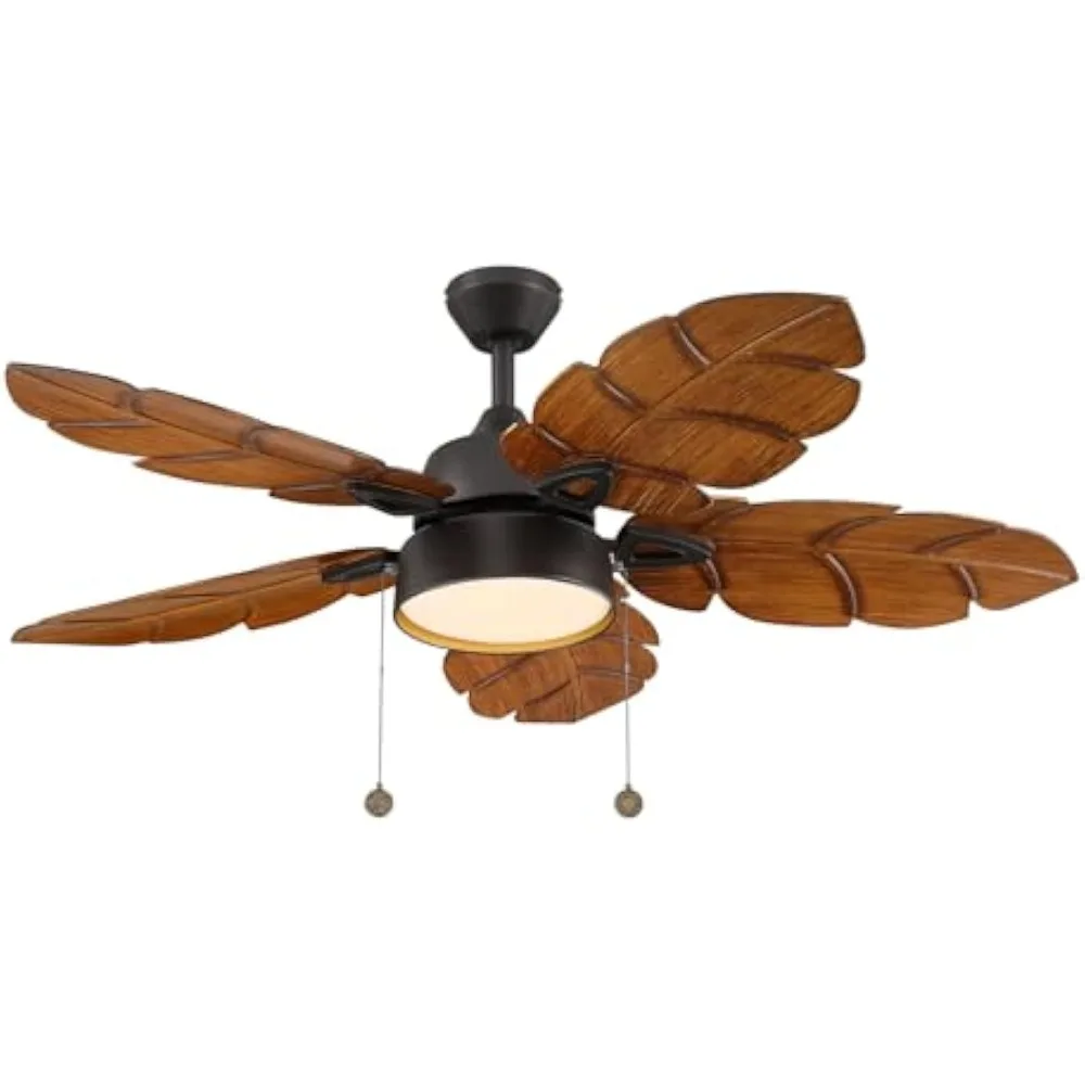 52 Inch Tropical Palm Leaf Ceiling Fan with Light, Pull Chain, Indoor Outdoor for Patio, Living Room, Bedroom, Kitchen